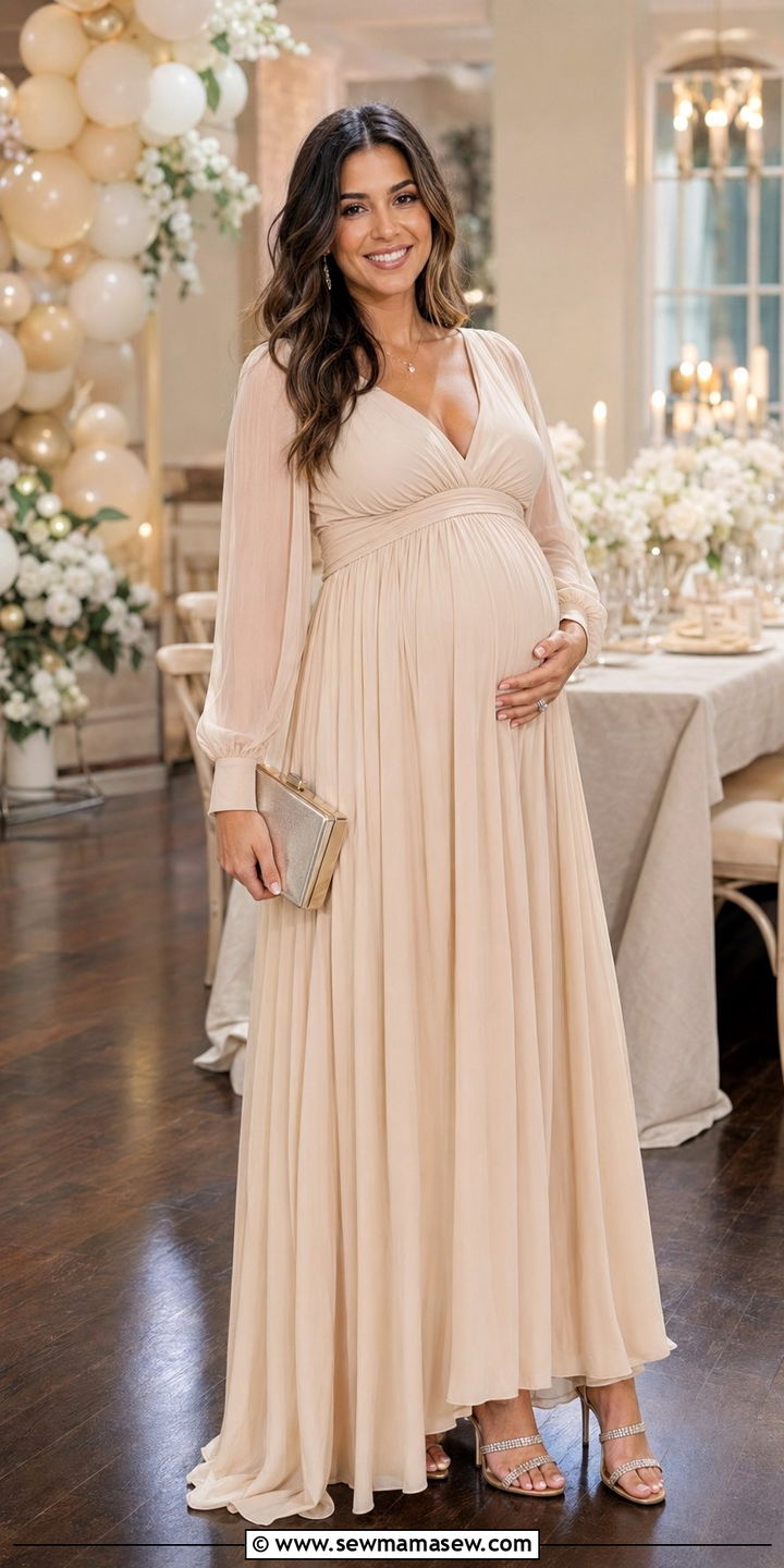 Empire Waist Chiffon Gown with Crystal Strappy Heels - 30 Baby shower outfits for mom to be