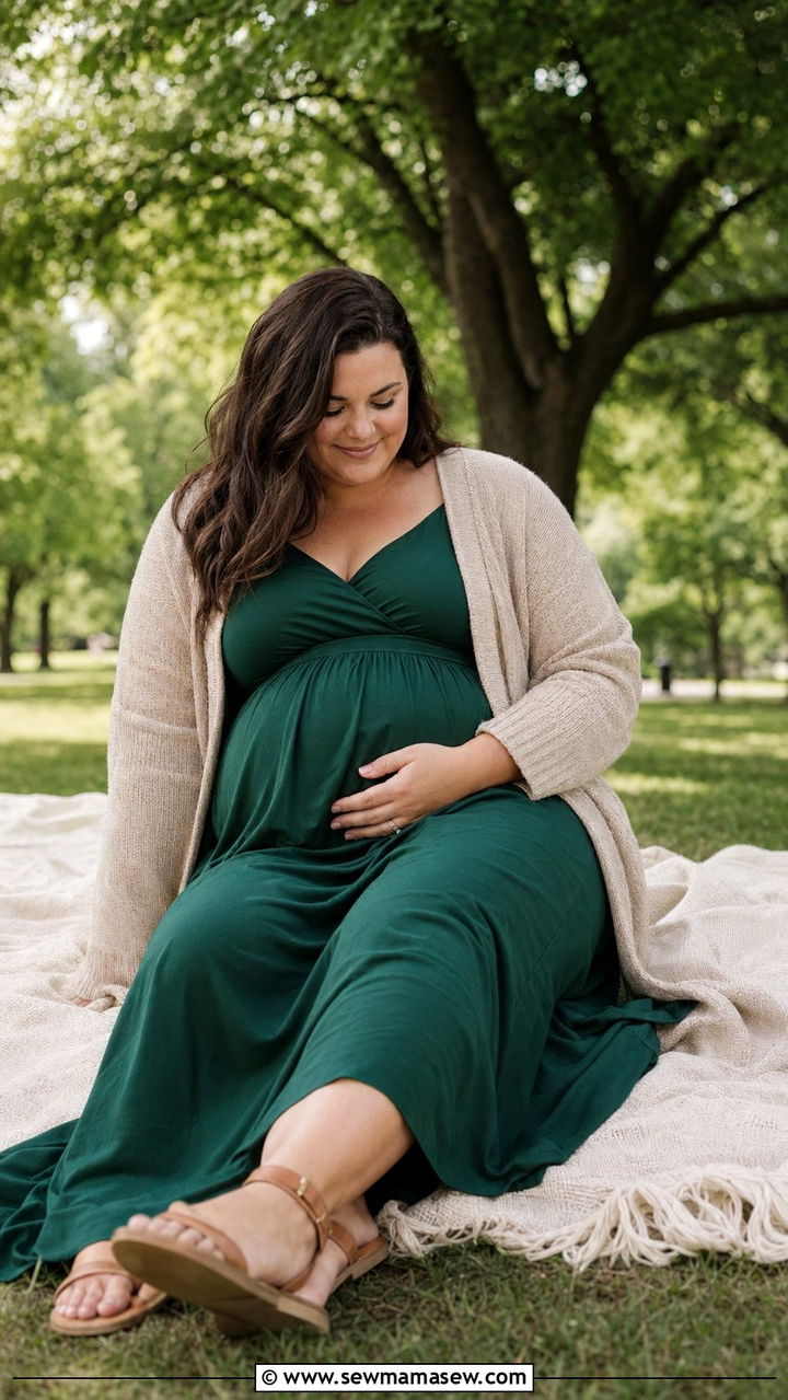 Empire Waist Maxi Dress With A Cardigan - 35 Postpartum outfit ideas plus size