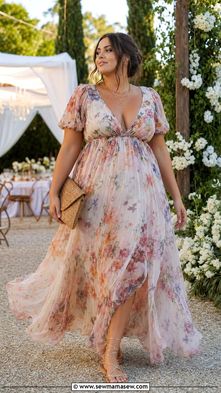 Empire Waist Maxi Dress With Strappy Sandals - 30 Best dresses for curvy women