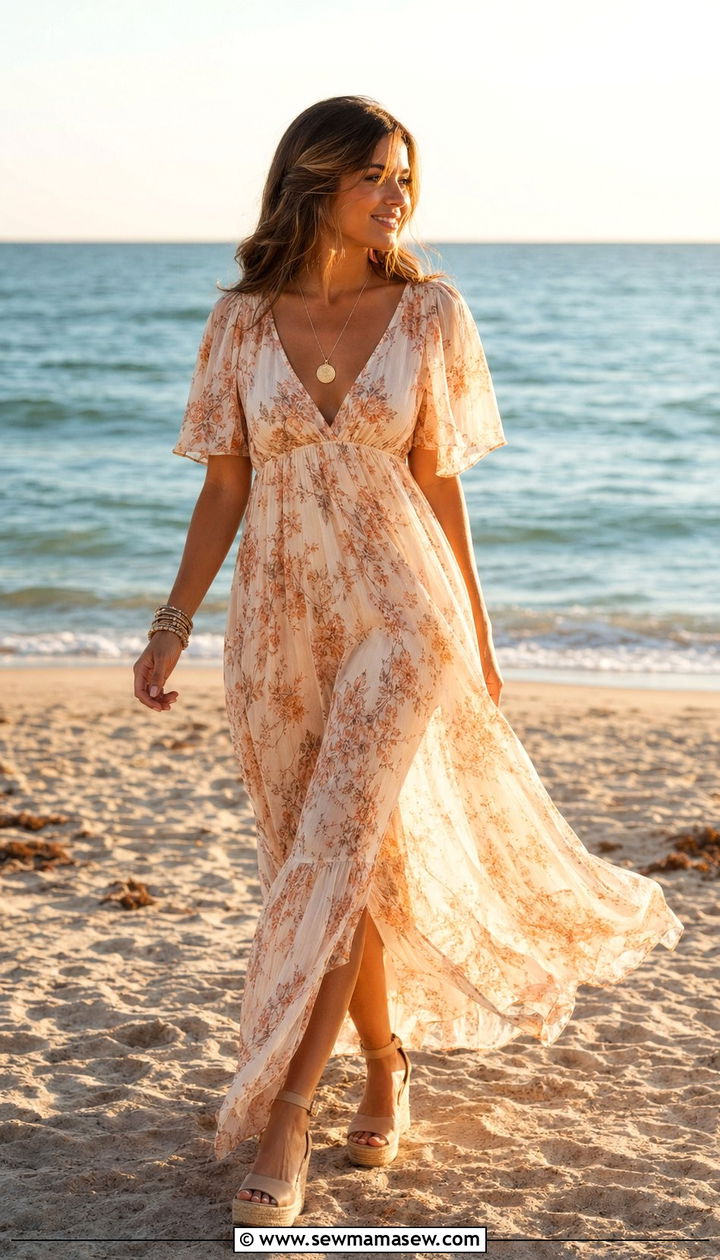 Empire Waist Maxi Dress With Wedge Sandals - 30 Best dresses for petite women