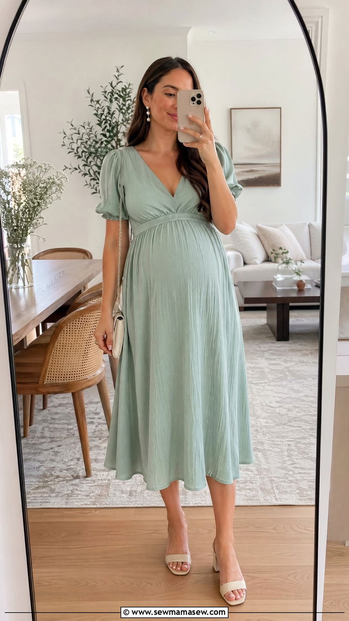 Empire Waist Midi Dress With Low Heels - 35 Summer baby shower outfits