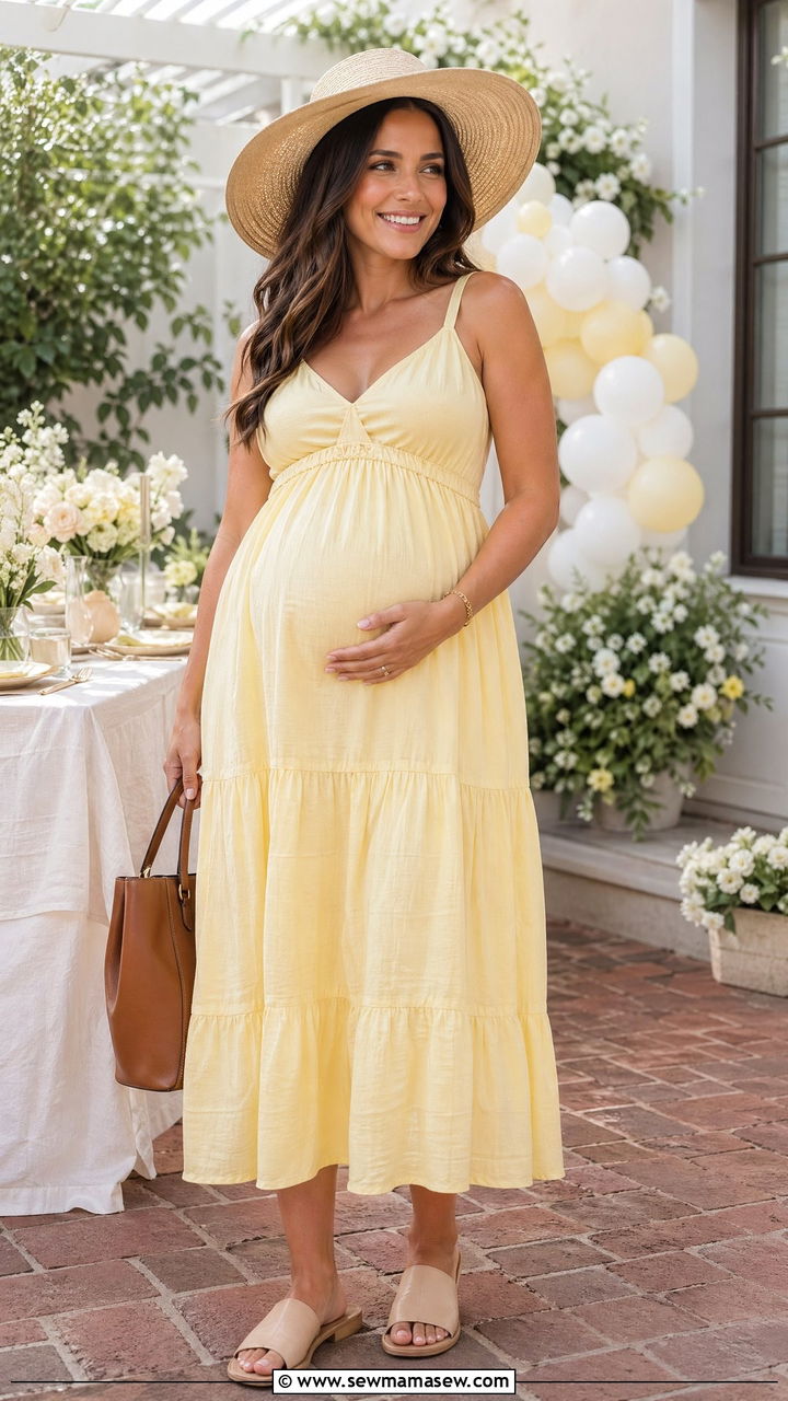 Empire Waist Sundress With Slide Sandals - 35 summer baby shower outfit ideas