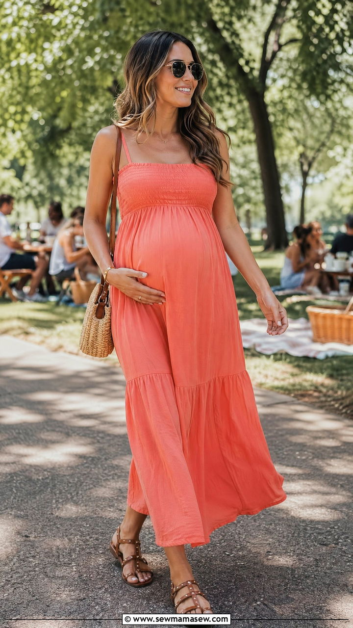Empire Waist Sundress with Flat Sandals for Baby Shower - 35 spring baby shower outfit ideas