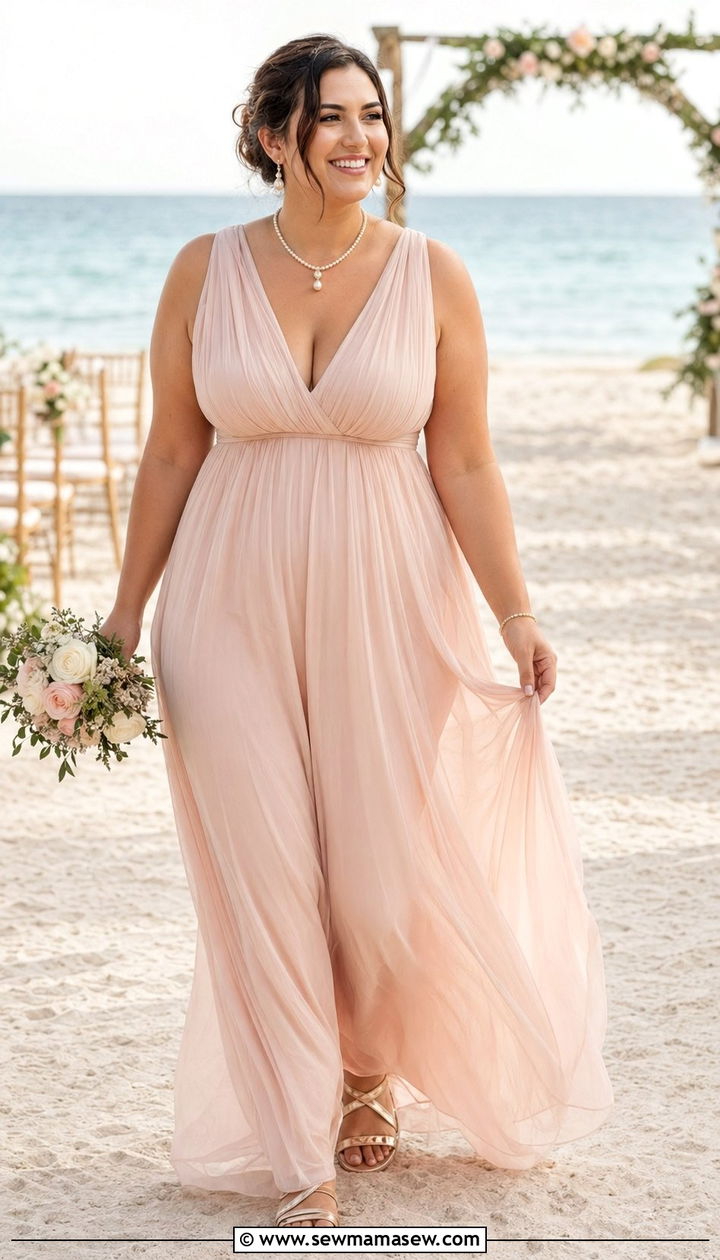 Empire waist chiffon gown with delicate jewelry - 30 wedding guest outfits for pear shaped body