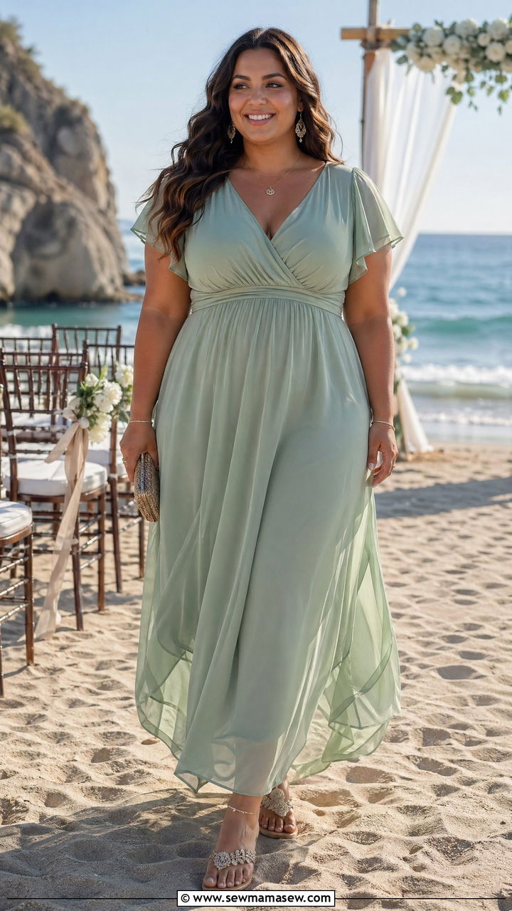 Empire waist chiffon maxi dress with flat sandals - 35 Wedding guest outfits for curvy women