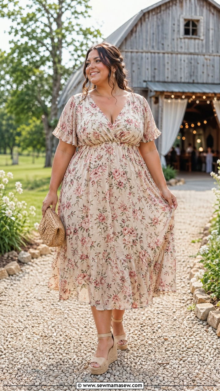 Empire waist floral dress look - 35 Curvy girl wedding guest outfits