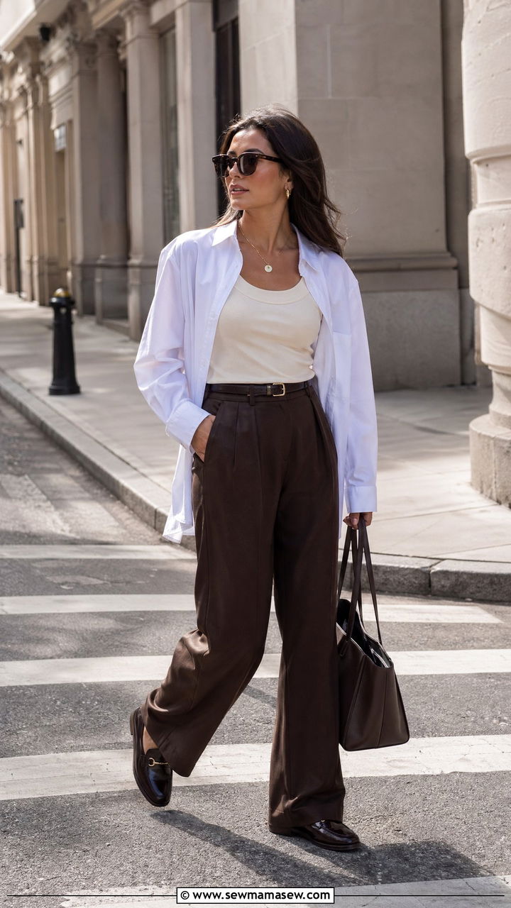 Espresso Wide Leg Pants With Cream Tank and Oversized Shirt - 35 spring quiet luxury outfits