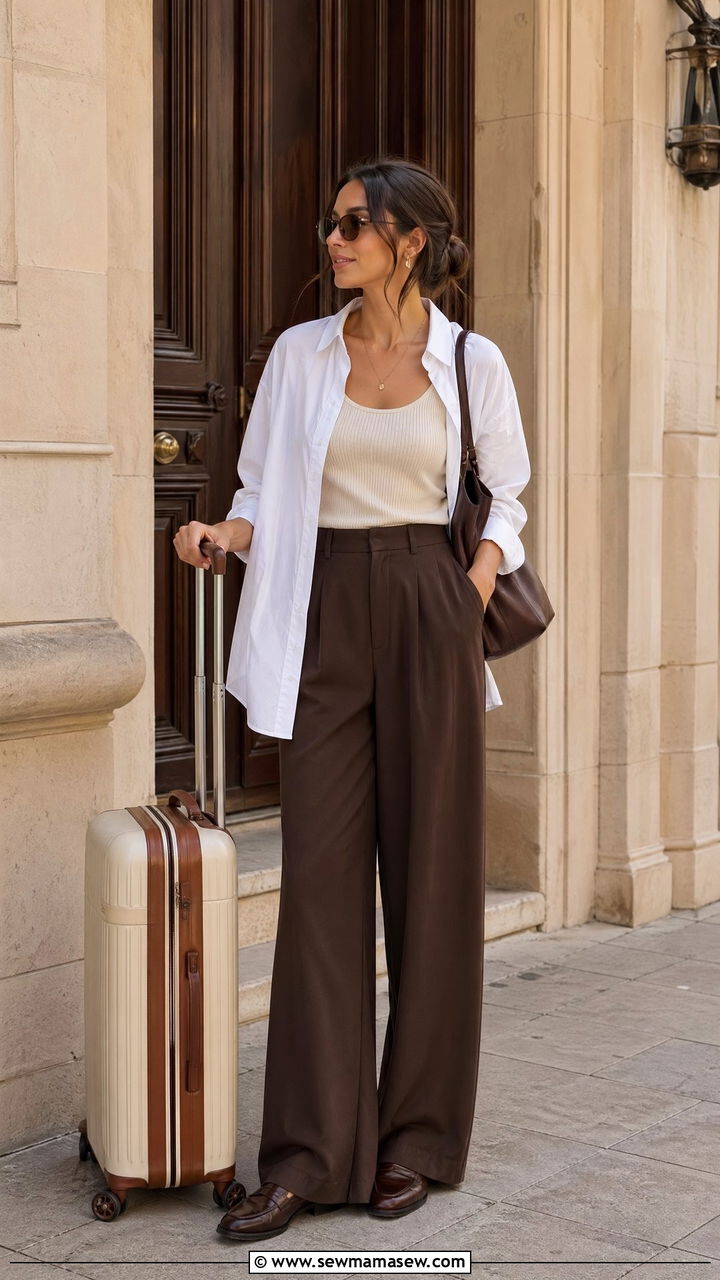 Espresso Wide Leg Trousers With Cream Tank And Oversized Shirt - 35 spring quiet luxury outfit ideas