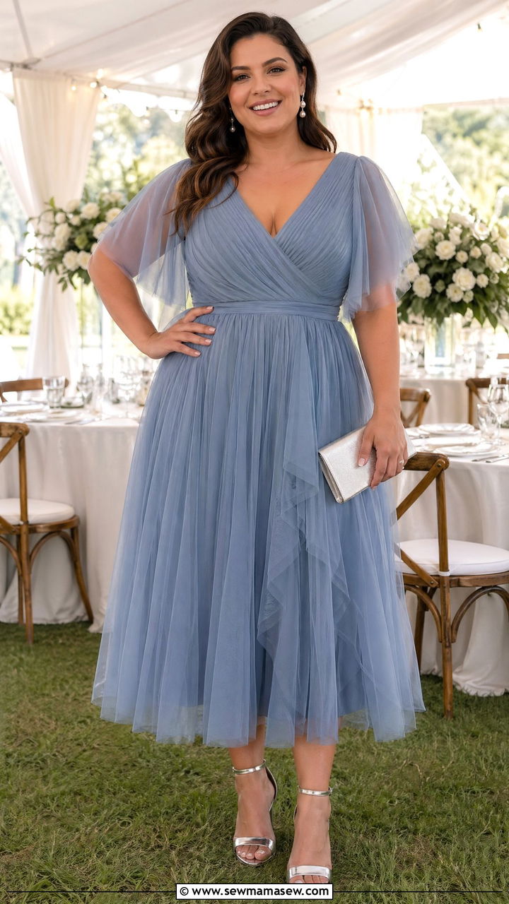 Ethereal Blue Tulle Plus Size Wedding Guest Midi Dress - 35 wedding guest outfits for plus size women