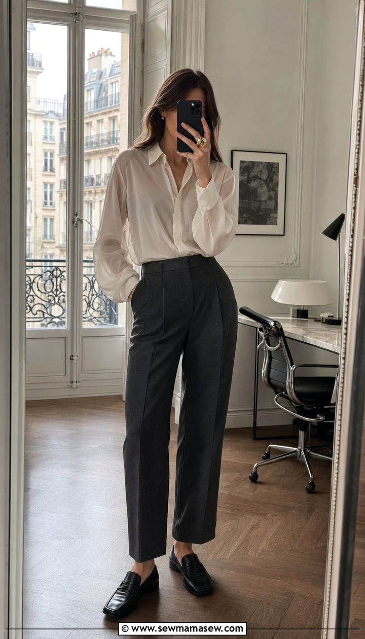 Ethereal blouse with sleek tailored trousers - 35 Parisian outfit ideas 2026