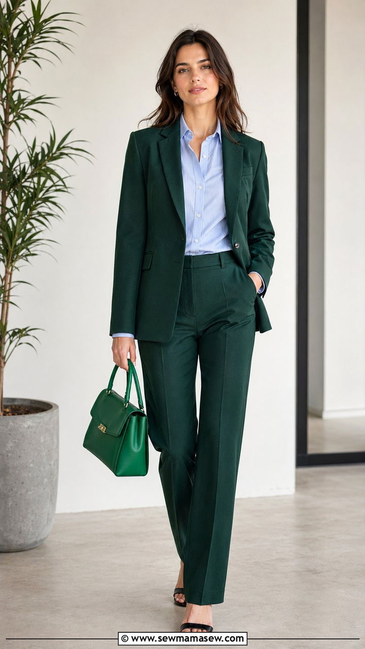 Evergreen Suit with Blue Pinstripe Shirt - 30 Blue and green outfit ideas