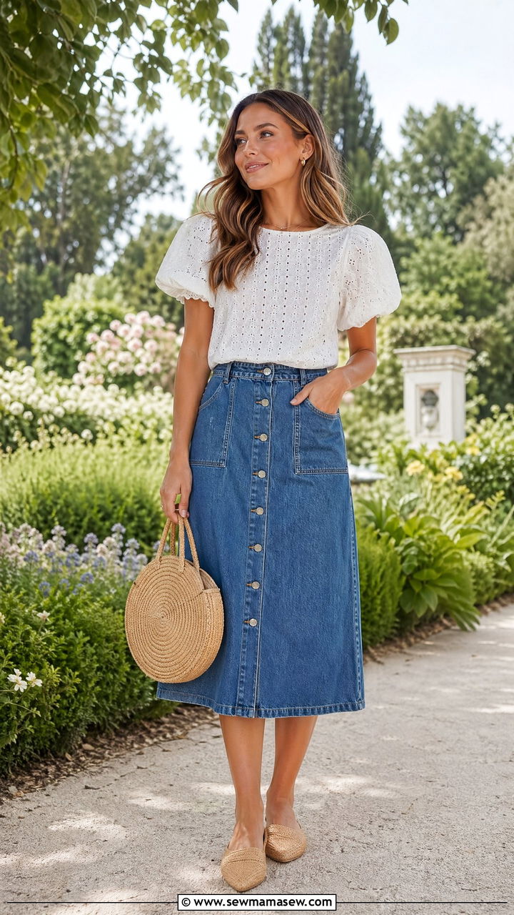 Eyelet Blouse And Denim Skirt - 35 cute hot weather outfits