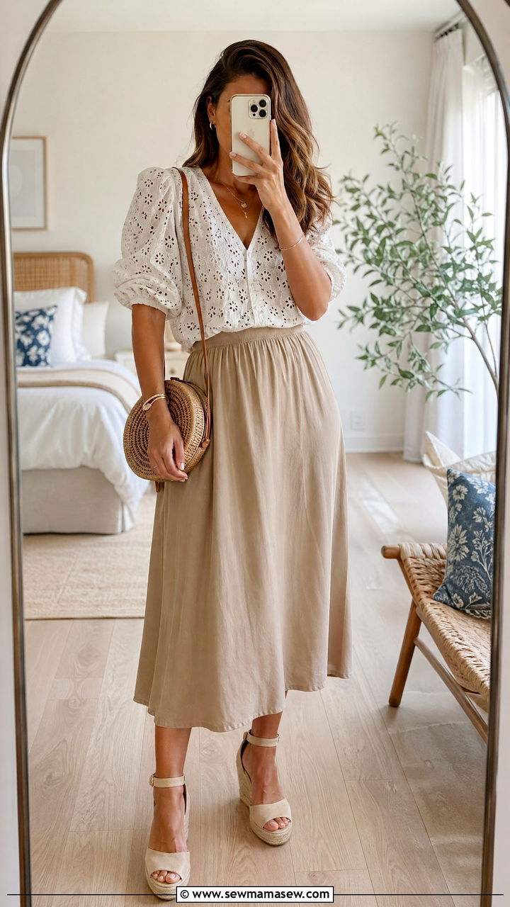 Eyelet Cotton Blouse With Midi Skirt and Espadrilles - 35 summer casual chic outfit ideas