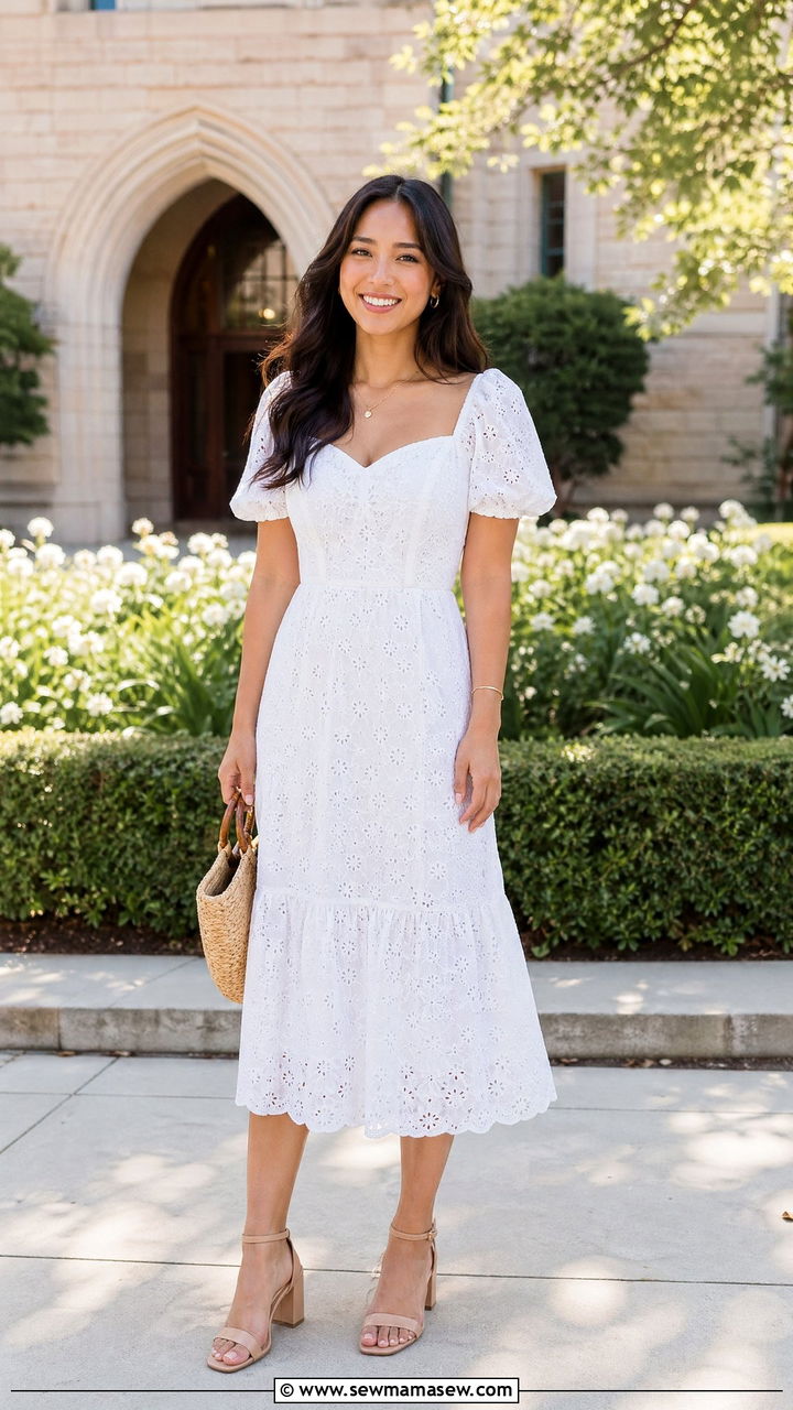 Eyelet Cotton Dress With Nude Sandals - 35 Summer graduation outfits