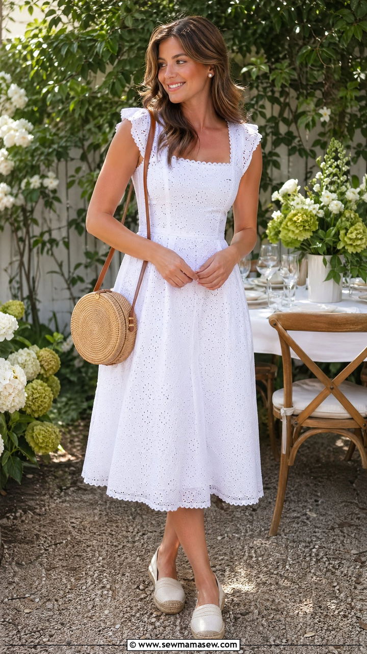 Eyelet Cotton Dress with Straw Crossbody - 35 Spring garden party outfit ideas