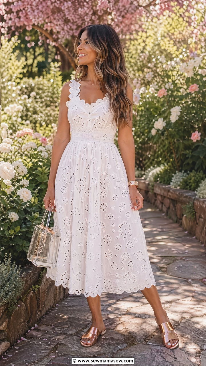 Eyelet Cotton Midi Dress with Slide Sandals - 40 spring travel outfit ideas