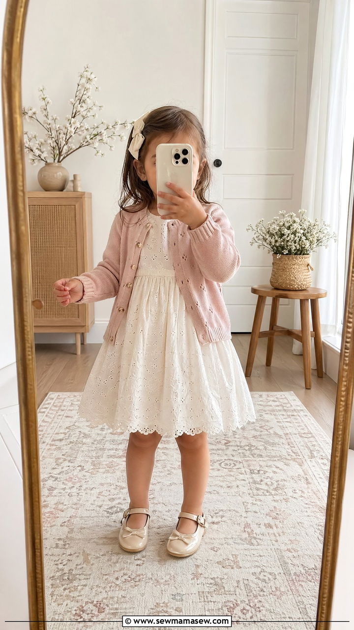 Eyelet Dress with Cardigan and Mary Janes - 35 Spring outfits for toddlers