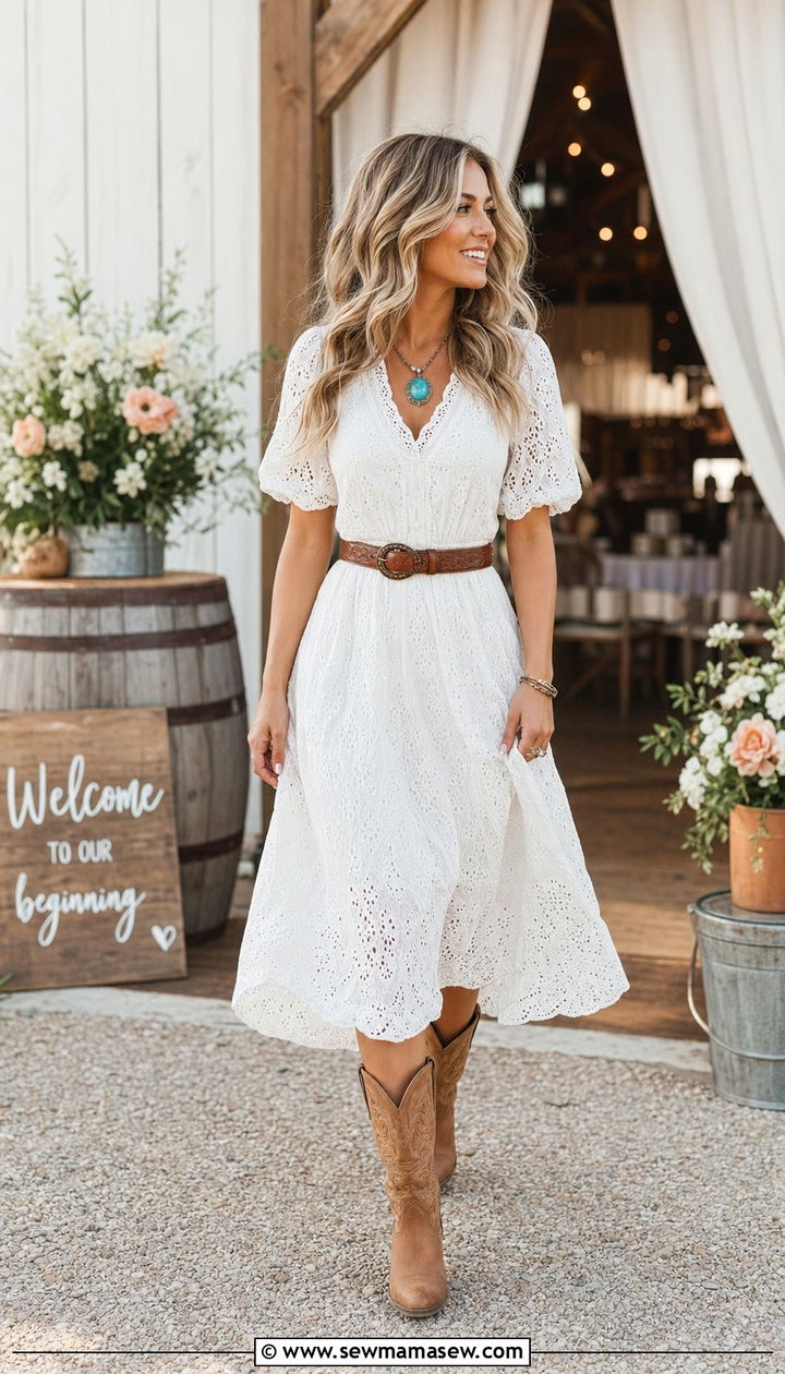 Eyelet Dress with Cowboy Boots - 30 Barn wedding guest outfits