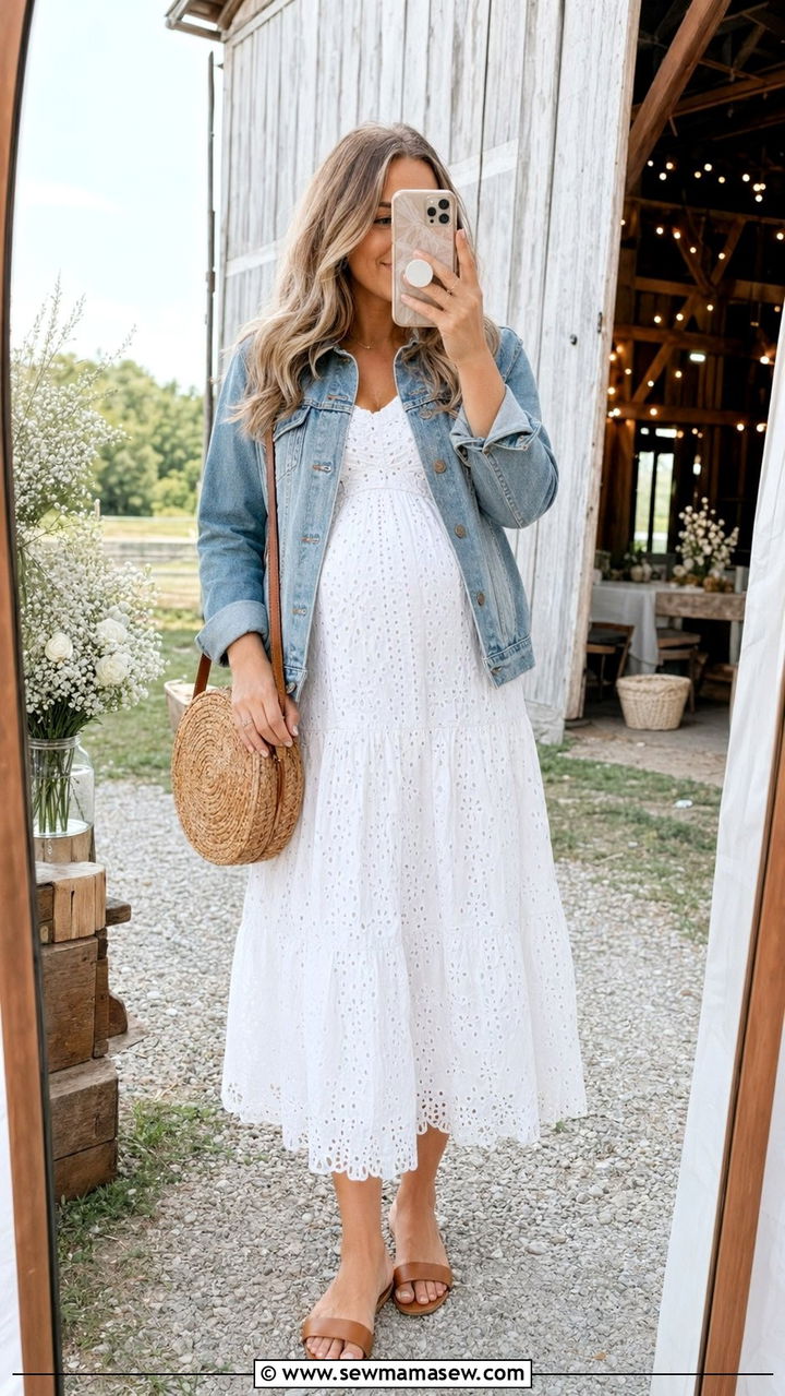 Eyelet Dress with Denim Jacket and Sandals - 30 what to wear to a baby shower
