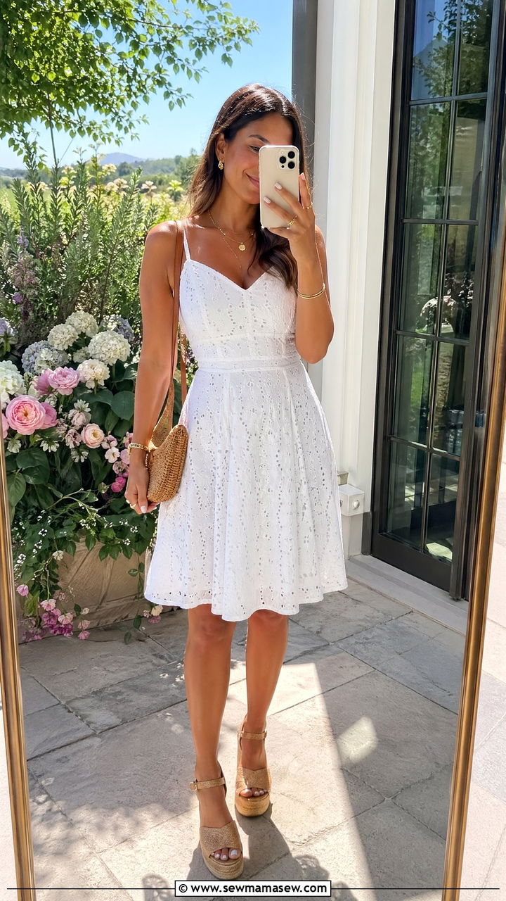 Eyelet Dress with Wedge Sandals - 35 summer engagement party outfit ideas