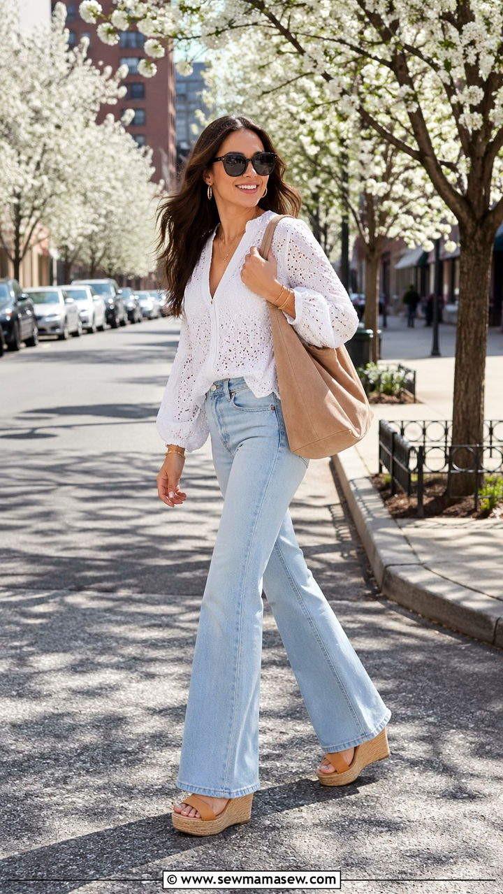 Eyelet Lace Blouse With Flared Jeans - 30 Spring boho outfits 2026