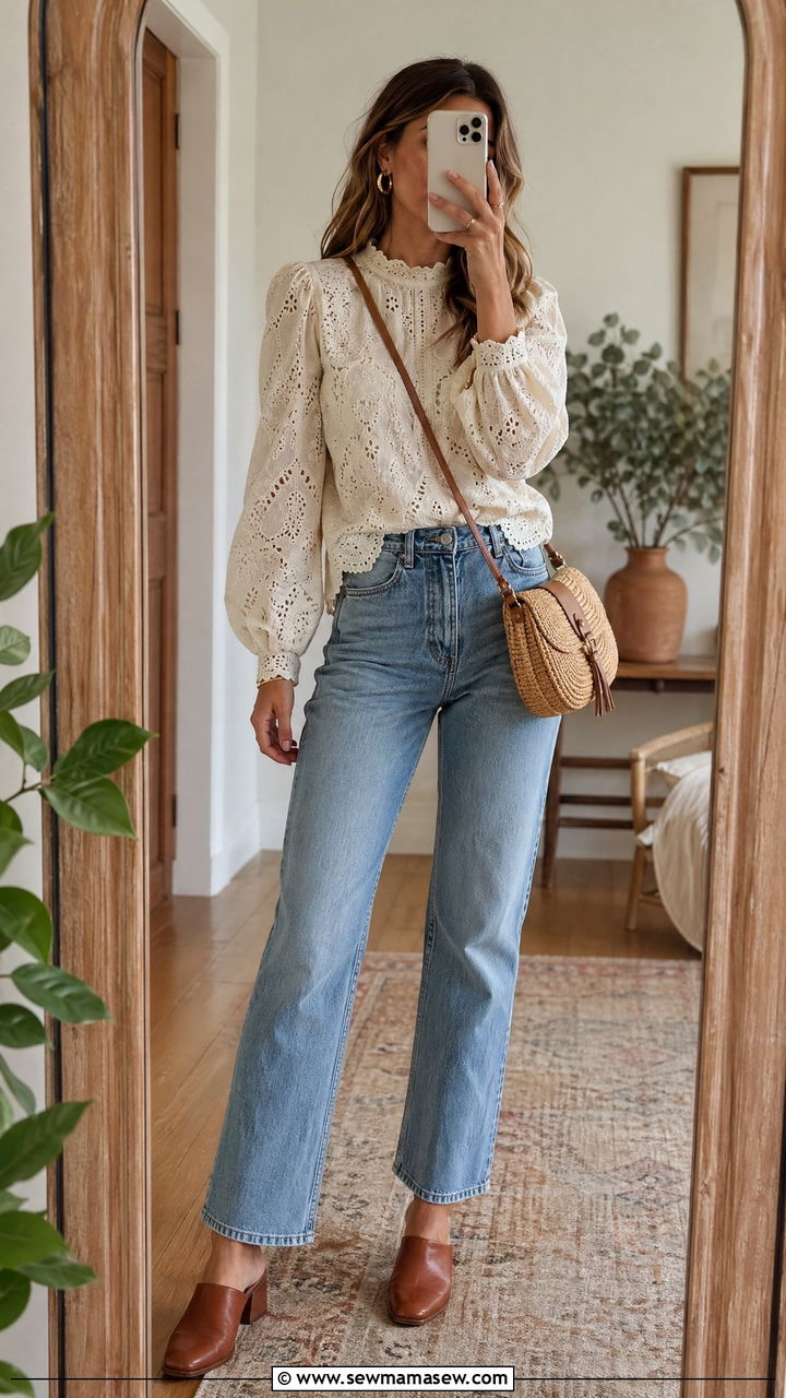 Eyelet Lace Blouse With Straight Cut Jeans - 35 Western boho outfit ideas