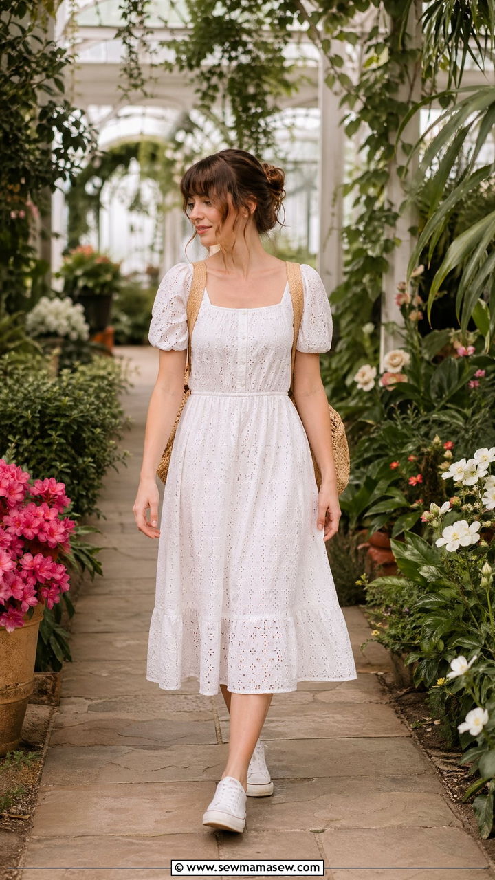 Eyelet Lace Dress With Canvas Sneakers - 35 Cottagecore outfit ideas