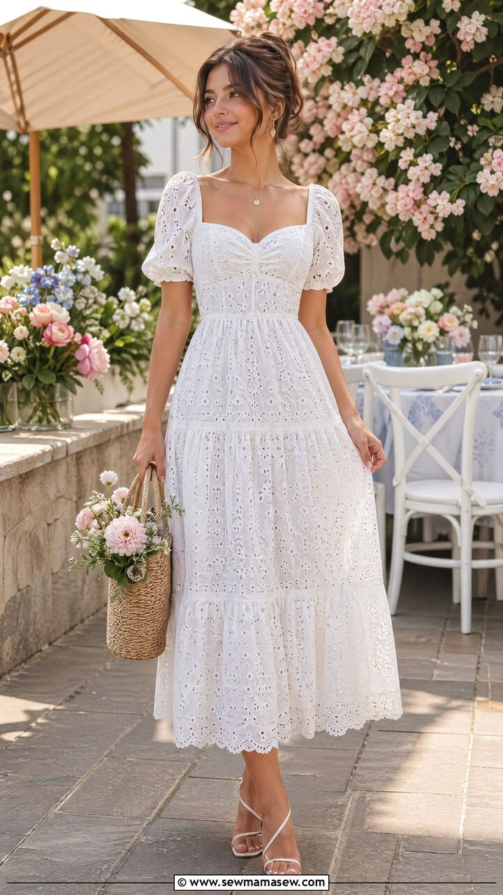Eyelet Lace Dress With Woven Tote - 35 spring soft girl outfit ideas