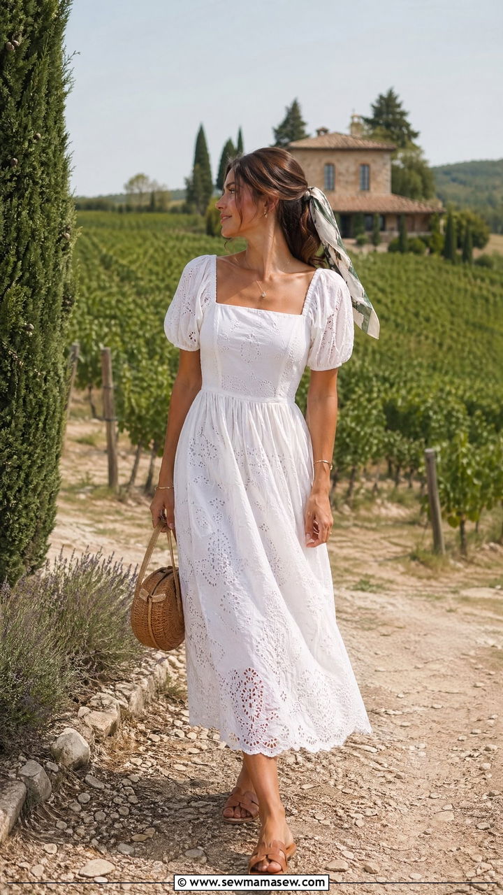 Eyelet Lace Midi Dress and Basket Bag Outfit - 35 Vacation outfit ideas 2026