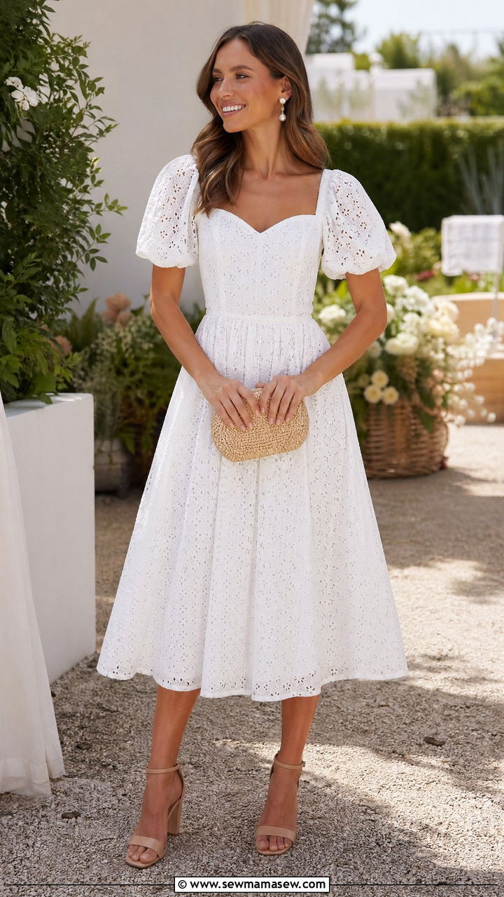 Eyelet Lace Midi Dress and Block Heels - 35 summer aesthetic outfit ideas