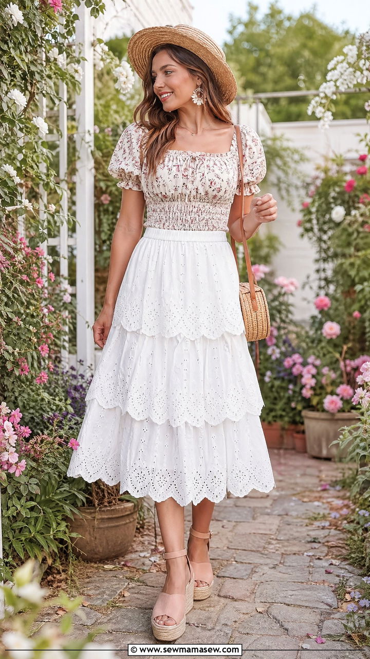 Eyelet Lace Midi Skirt With Smocked Top - 35 cottagecore outfits for women