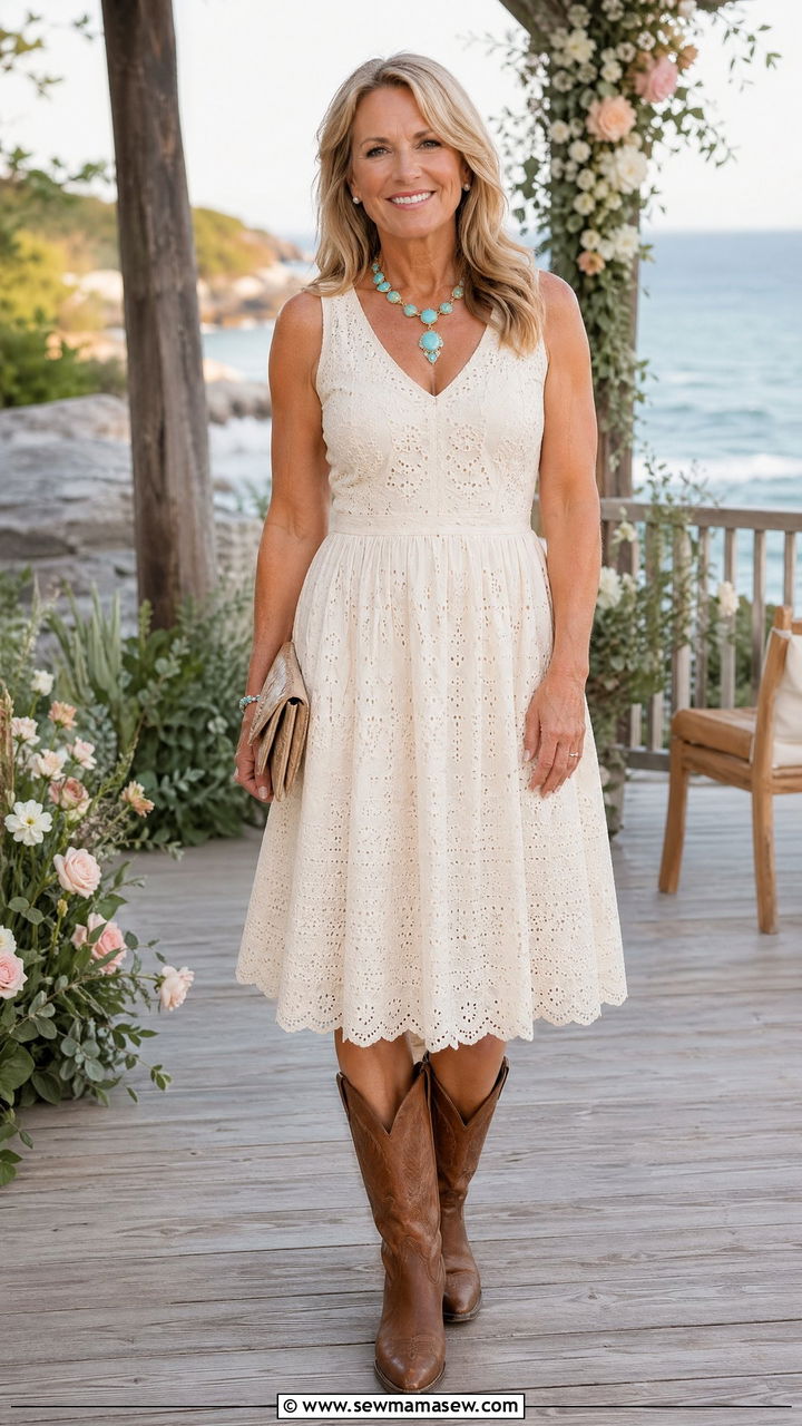 Eyelet Midi Dress with Cognac Cowboy Boots and a Turquoise Statement Necklace - 35 coastal cowgirl outfit ideas for women over 40