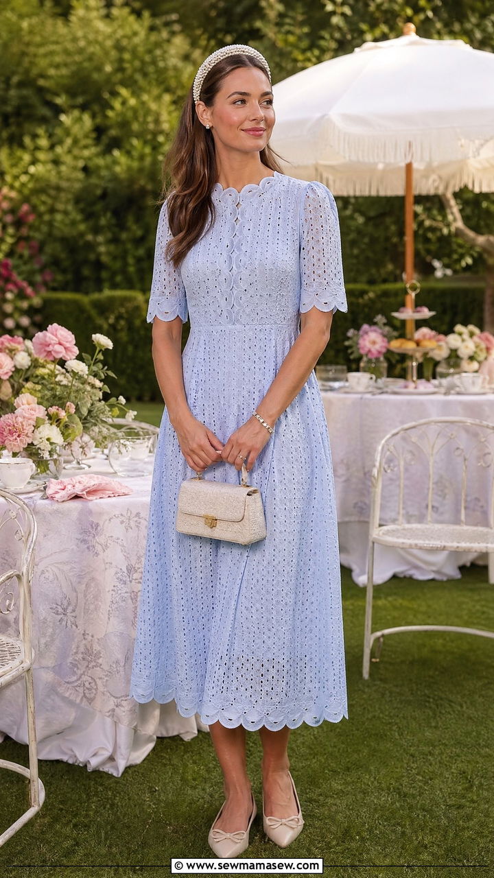 Eyelet Midi Dress with Pointed Toe Flats - 35 casual summer wedding guest outfits