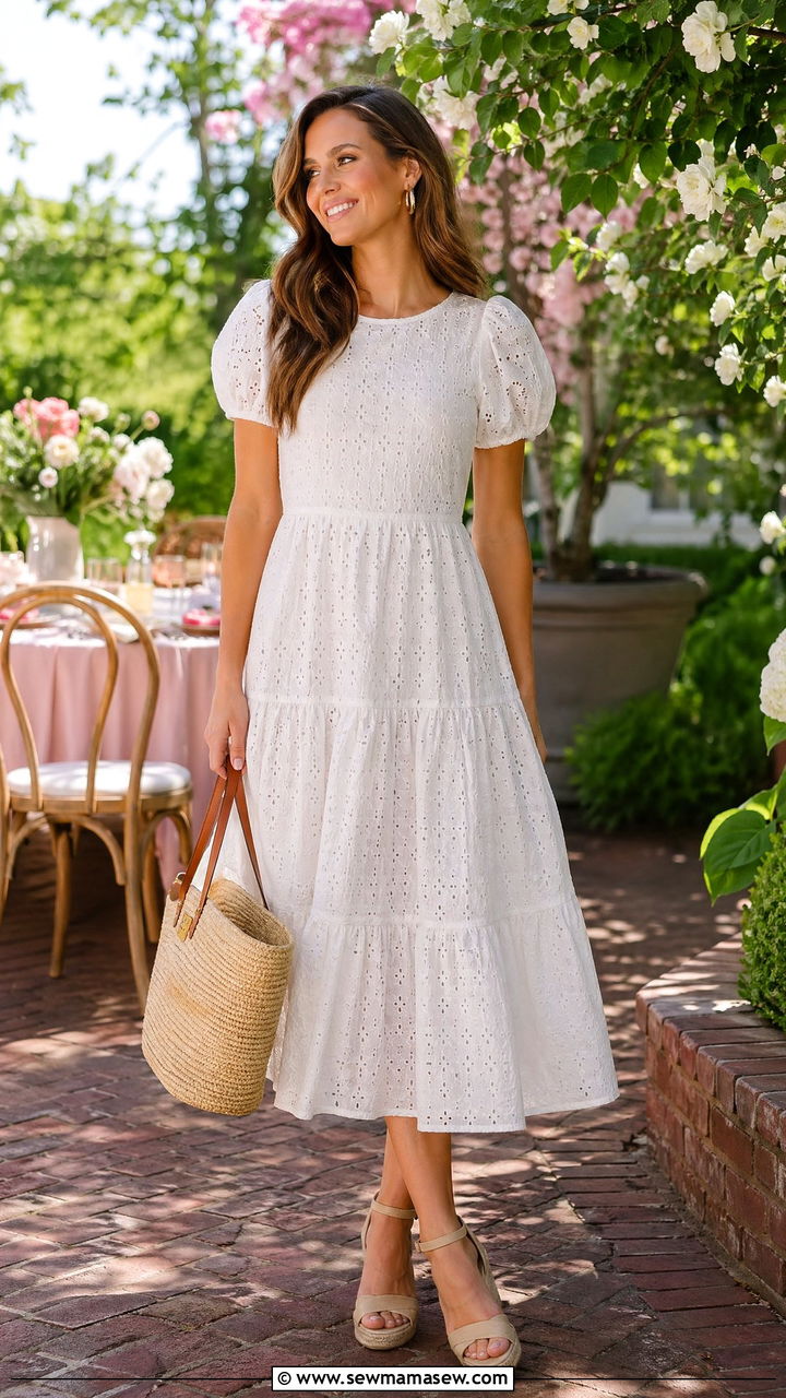Eyelet Midi Dress with Straw Accessories - 35 spring mother's day outfit ideas