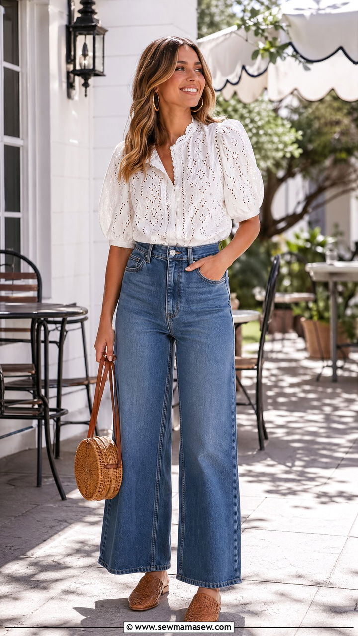 Eyelet Top with Wide Leg Jeans - 35 cute outfit ideas for women