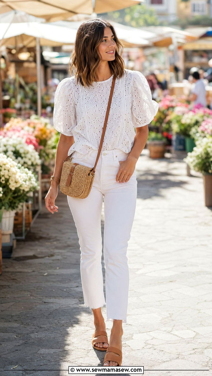 Eyelet blouse and white jeans outfit - 30 Aesthetic spring outfit ideas 2026