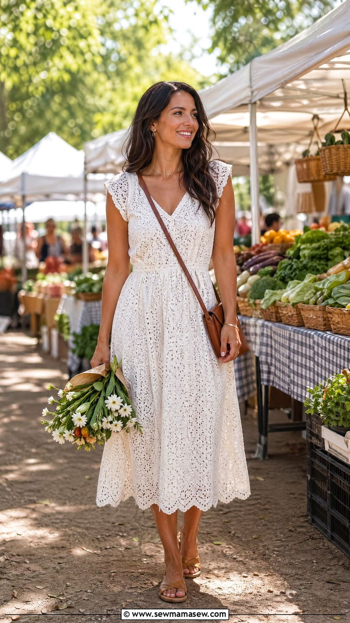Eyelet lace midi dress with a leather crossbody bag spring farmers market outfit - 35 spring farmers market outfit ideas