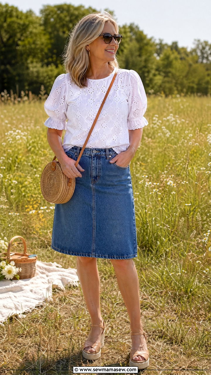 Eyelet lace top and denim skirt outfit - 35 What to wear in spring for women over 40