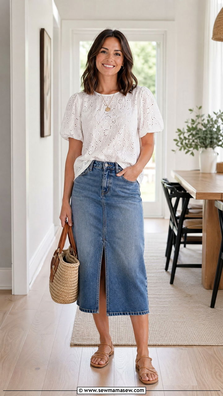 Eyelet top and denim skirt summer outfit - 35 Summer outfit ideas for mom