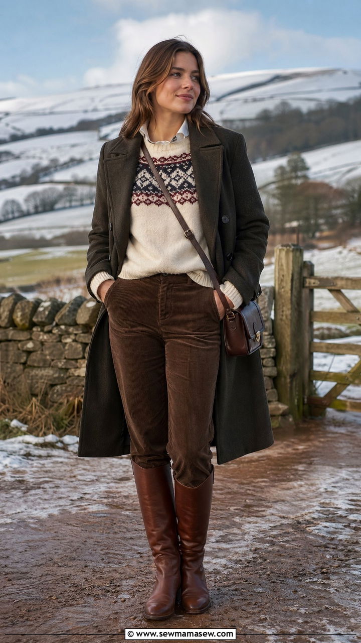 Fair Isle Knit with Corduroy Trousers and Riding Boots - 35 classy old money outfit ideas