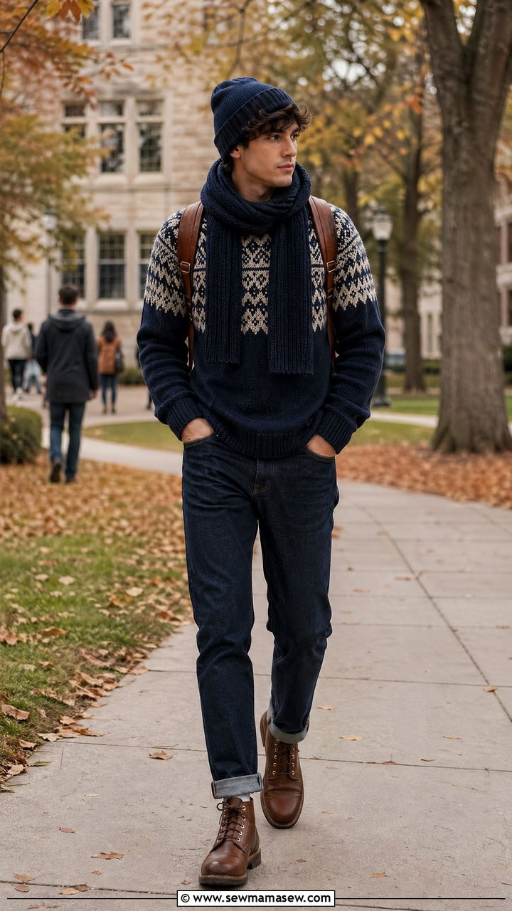 Fair Isle Sweater With Dark Denim and Lace Up Boots - 35 college outfits 2026