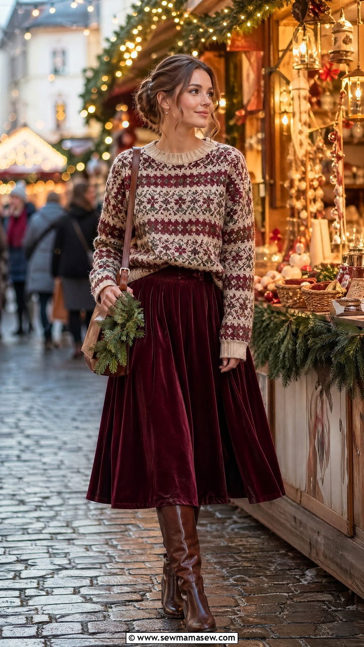 Fair Isle Sweater With Velvet Skirt And Knee High Boots - 35 Cottagecore outfit ideas