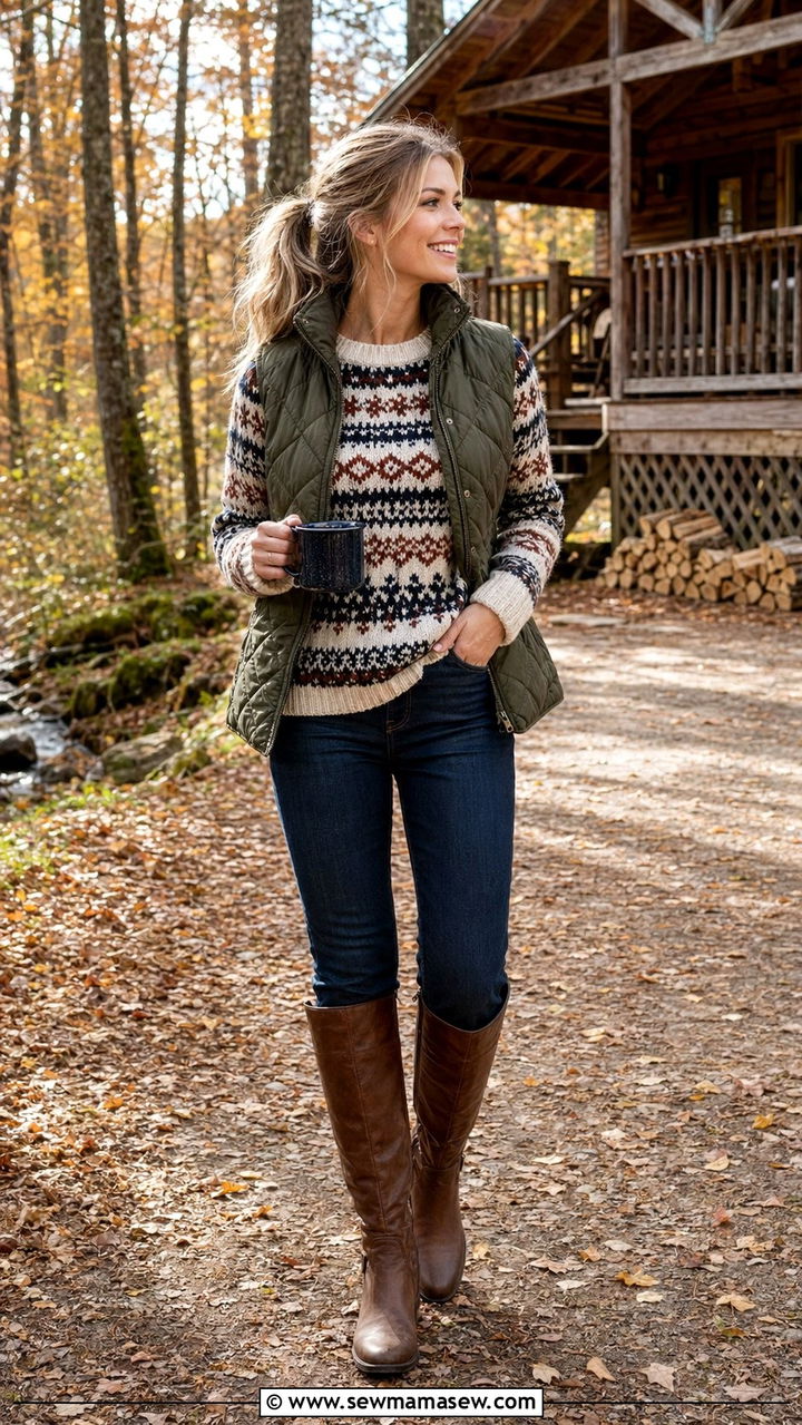 Fair Isle sweater with dark denim outfit - 35 Preppy outfits 2026