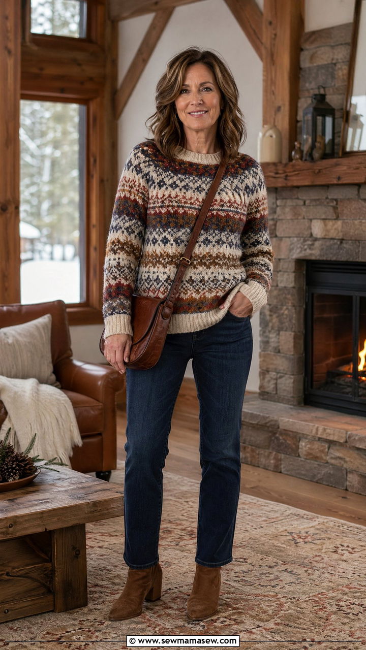 Fair Isle sweater with jeans and ankle boots winter travel outfit - 35 Travel outfit ideas for women over 40