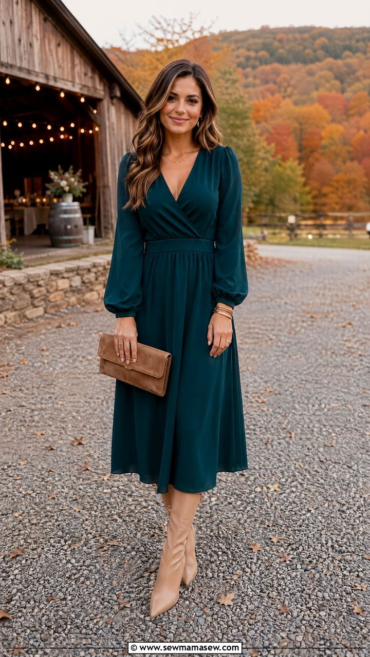 Fall Wedding Jewel Tone Midi Dress With Heels Petite Wedding Guest Outfit - 35 Wedding guest outfits for petite women