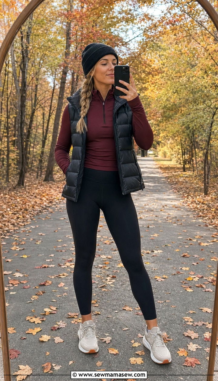 Fall running outfit with long sleeve half zip and leggings - 35 Running outfit ideas for women