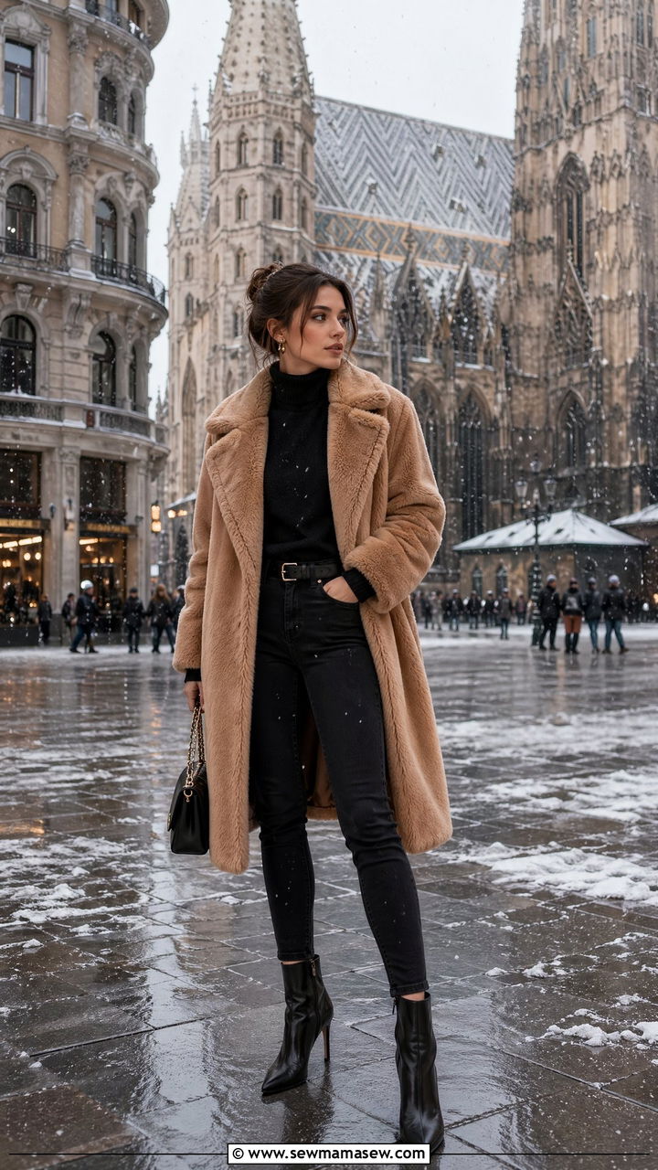 Faux Fur Coat With Black Skinny Jeans And Heeled Leather Boots - 35 Vienna outfit ideas