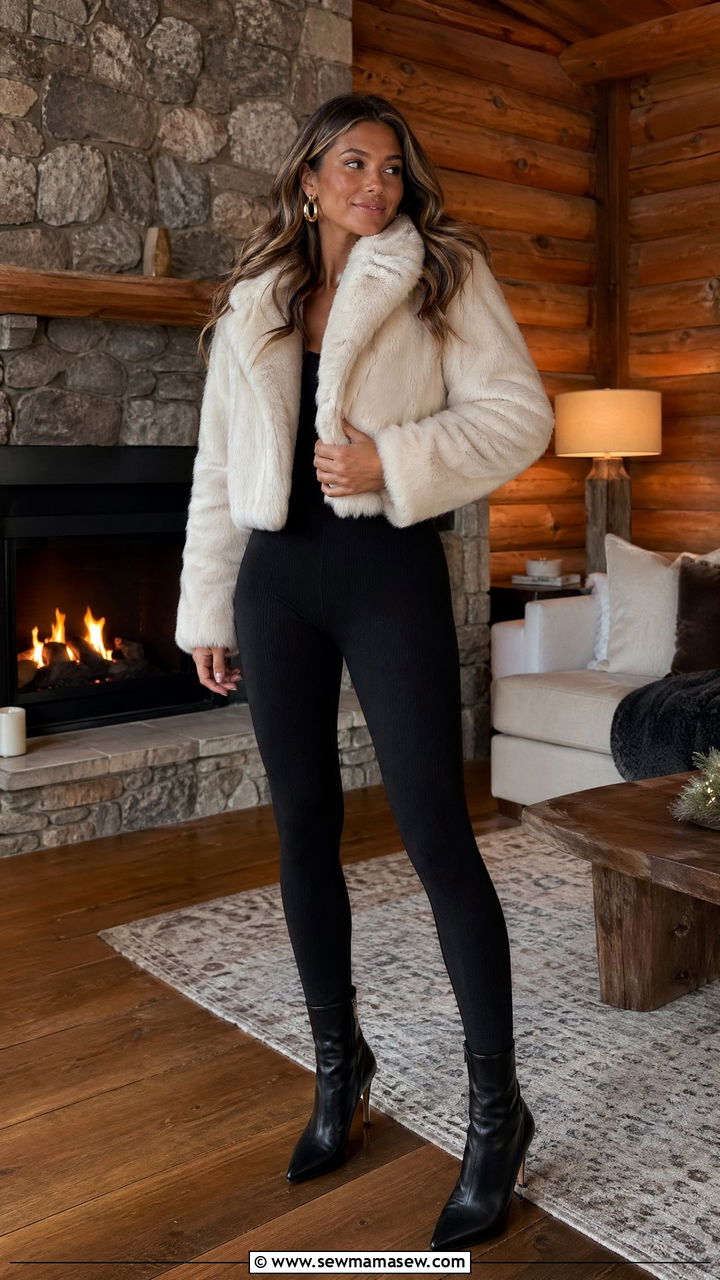 Faux Fur Coat With Thermal Leggings - 35 Cozy cabin weekend outfit ideas