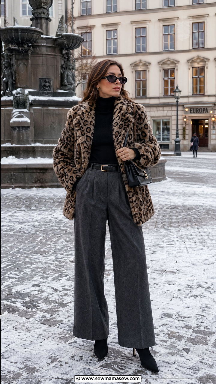 Faux Fur Coat With Wide Leg Trousers Outfit - 35 Copenhagen outfit ideas