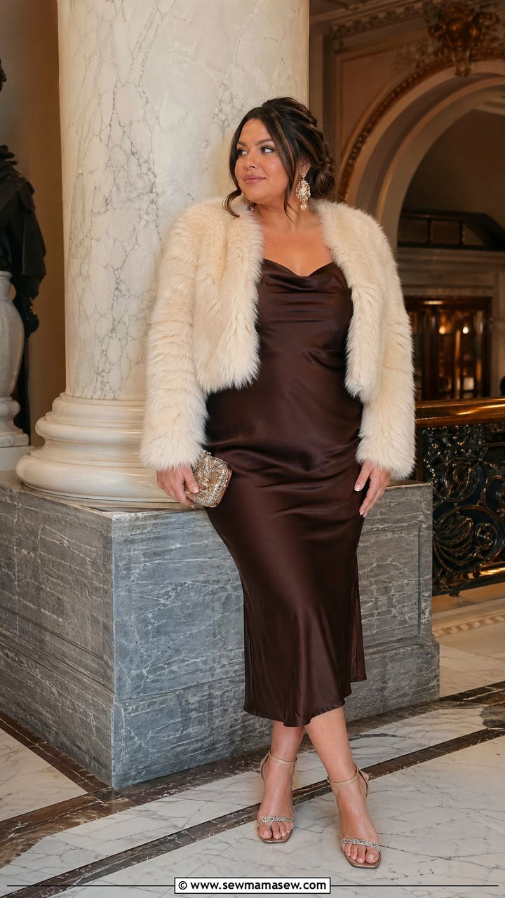 Faux Fur Coat and Satin Slip Dress - 35 Concert outfits for midsize women